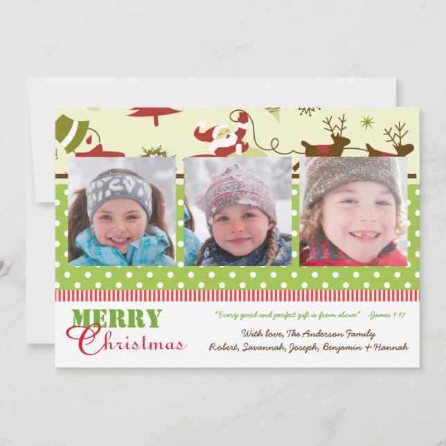 Red, Green, Brown Retro 3 Photos - Christmas Card (Front)