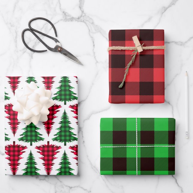 Red Green Buffalo Check Christmas Tree Wrapping Paper Sheets (Front)