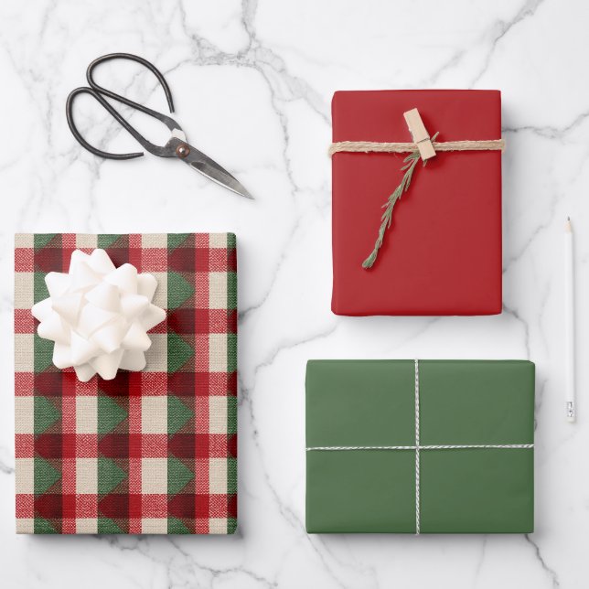 Red Green Buffalo Plaid Christmas Holiday Wrapping Paper Sheets (Front)