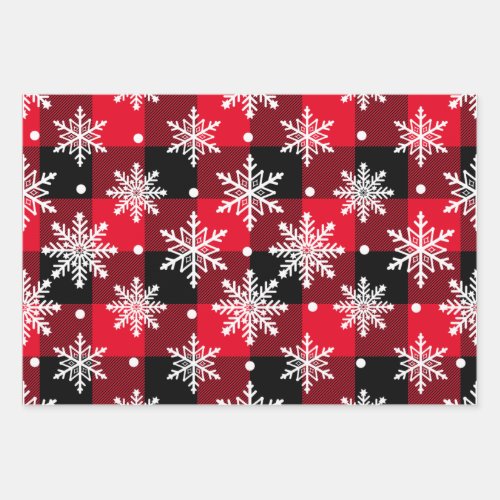 Red Green  Buffalo Plaid Christmas Snowflake Multi Wrapping Paper Sheets