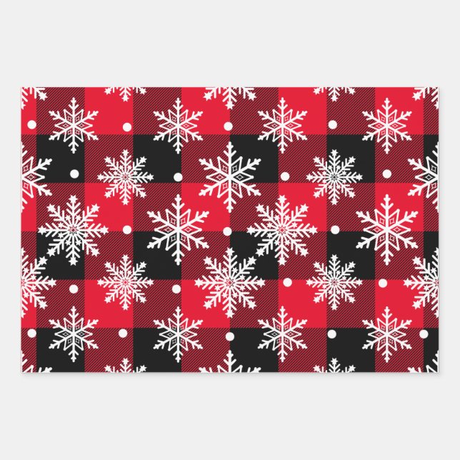 Red Green  Buffalo Plaid Christmas Snowflake Multi Wrapping Paper Sheets (Front)