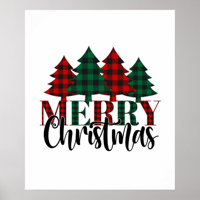 Red & Green Buffalo Plaid Pattern Christmas Tree Poster (Front)