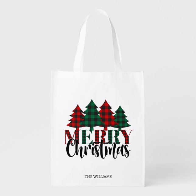 Red & Green Buffalo Plaid Pattern Merry Christmas Grocery Bag (Front)