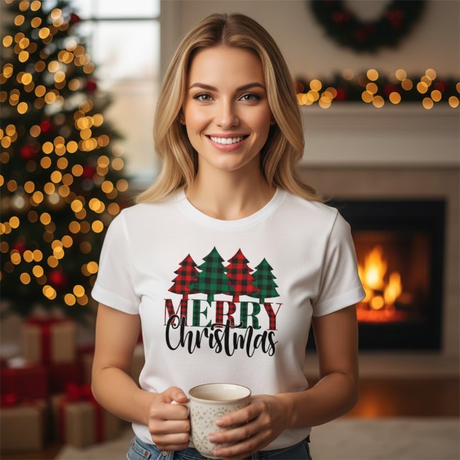 Red & Green Buffalo Plaid Pattern Merry Christmas T-Shirt (Creator Uploaded)