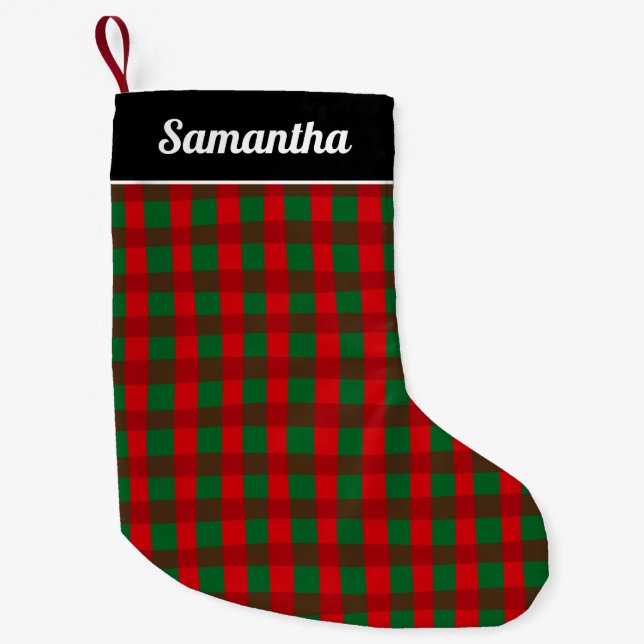 Red Green Buffalo Plaid Personalized Name Small Christmas Stocking (Front)