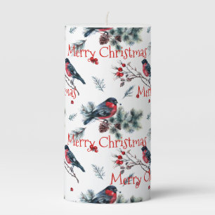 Red & Green Bull-finch & Christmas Berries Pattern Pillar Candle