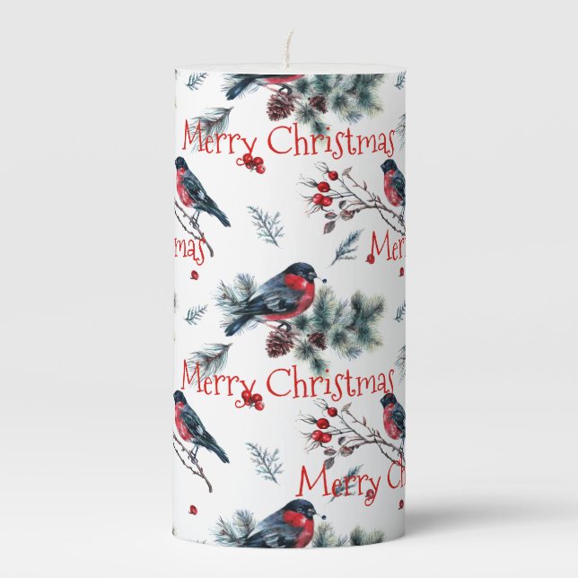 Red & Green Bull-finch & Christmas Berries Pattern Pillar Candle (Front)