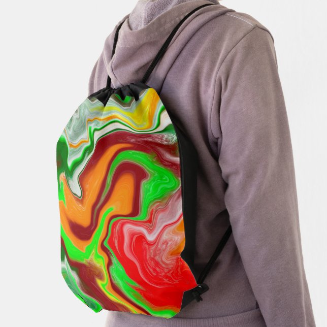 Red, Green, Burgundy Colorful Marble Fluid Art    Drawstring Bag (Insitu)