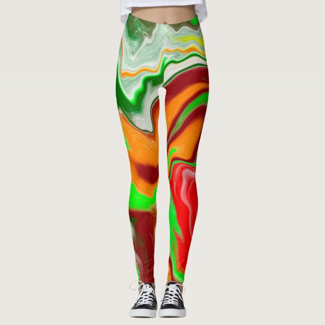Red, Green, Burgundy Colorful Marble Fluid Art    Leggings (Front)