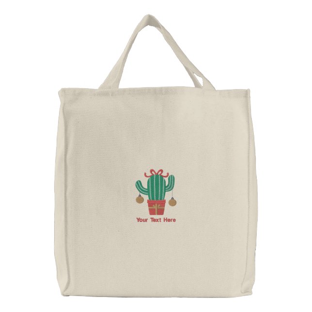 Red Green Cactus Christmas Tree Personalized Embroidered Tote Bag (Front)