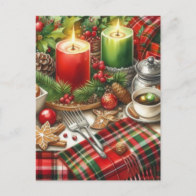 Red & Green Candlelight with Cookies Christmas Postcard (Front)