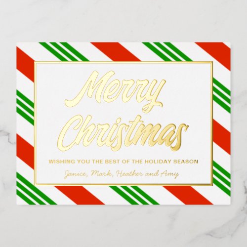 Red Green Candy Cane Custom Merry Christmas Gold Foil Holiday Postcard