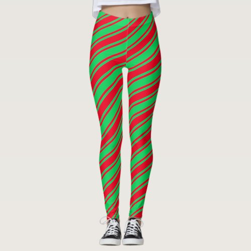 Red Green Candy Cane Diagonal Stripe Christmas Leggings