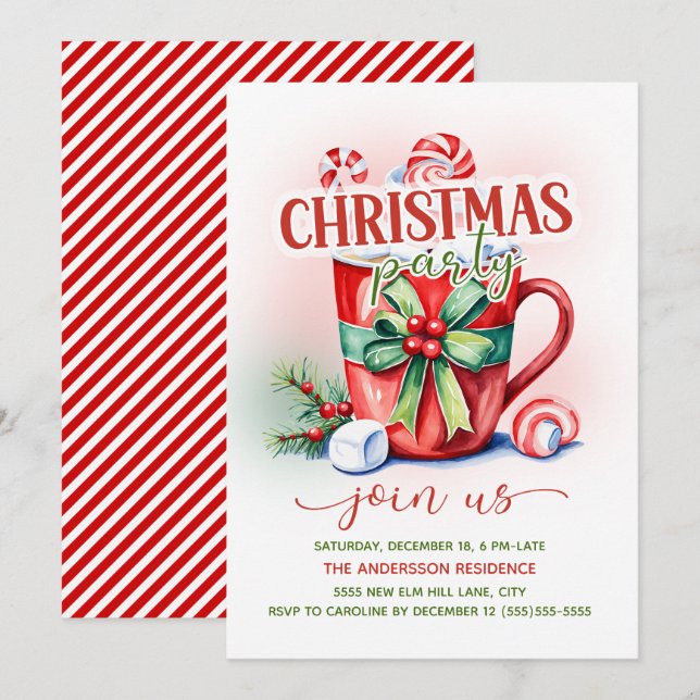 Red Green Candy Cane Hot Cocoa Christmas Party Invitation (Front/Back)