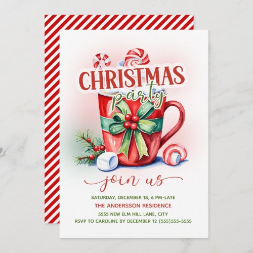 Red Green Candy Cane Hot Cocoa Christmas Party Invitation