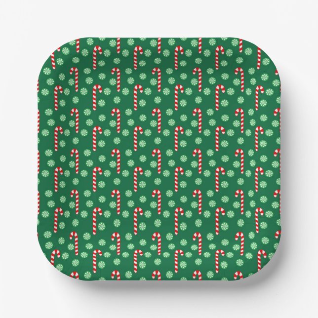 Red Green Candy Cane Peppermint Christmas  Paper Plates (Front)