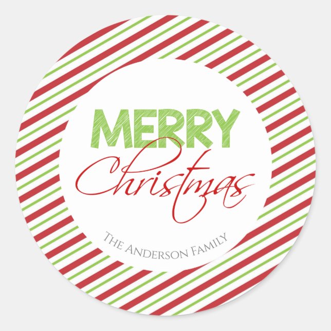 Red & Green Candy Cane Stripe | Classic Round Sticker (Front)