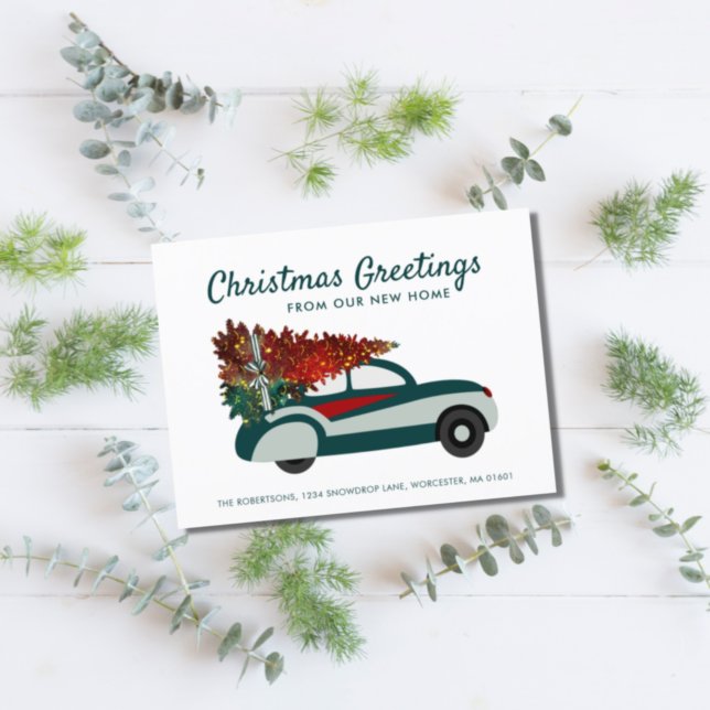 Red Green Car Christmas Tree Holiday Moving Announcement Postcard (Creator Uploaded)
