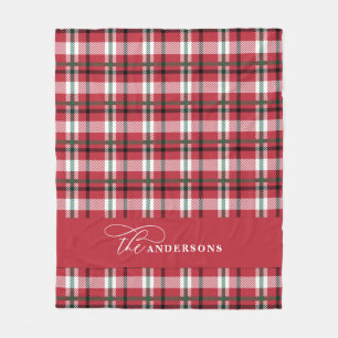 Red green check tartan script personalized family fleece blanket
