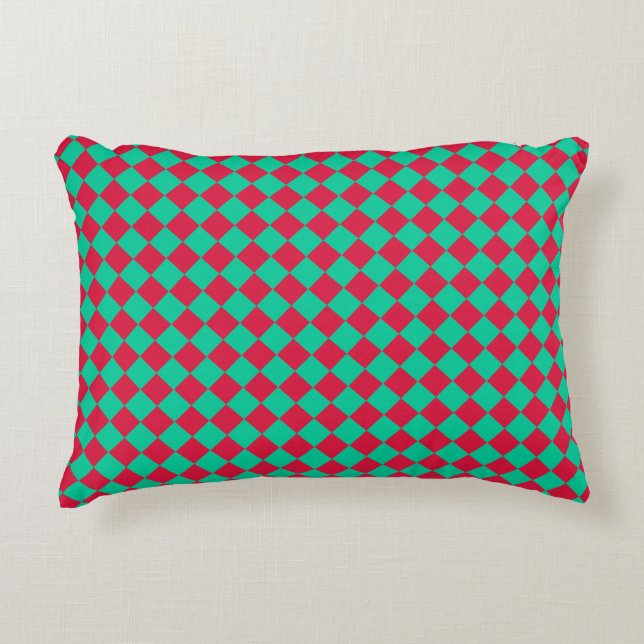 Red Green Checker Diamond Pattern Accent Pillow (Front)