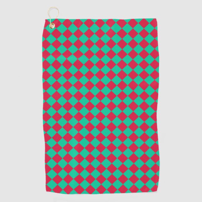 Red Green Checker Diamond Pattern Golf Towel (Front)