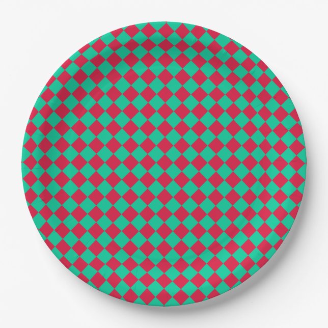 Red Green Checker Diamond Pattern Paper Plates (Front)
