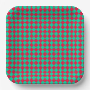 Red Green Checker Diamond Pattern Paper Plates