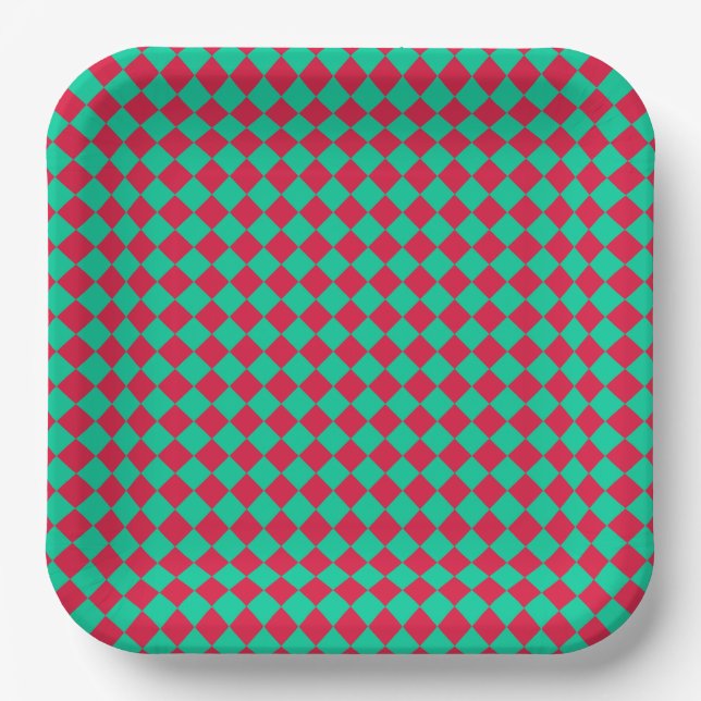 Red Green Checker Diamond Pattern Paper Plates (Front)
