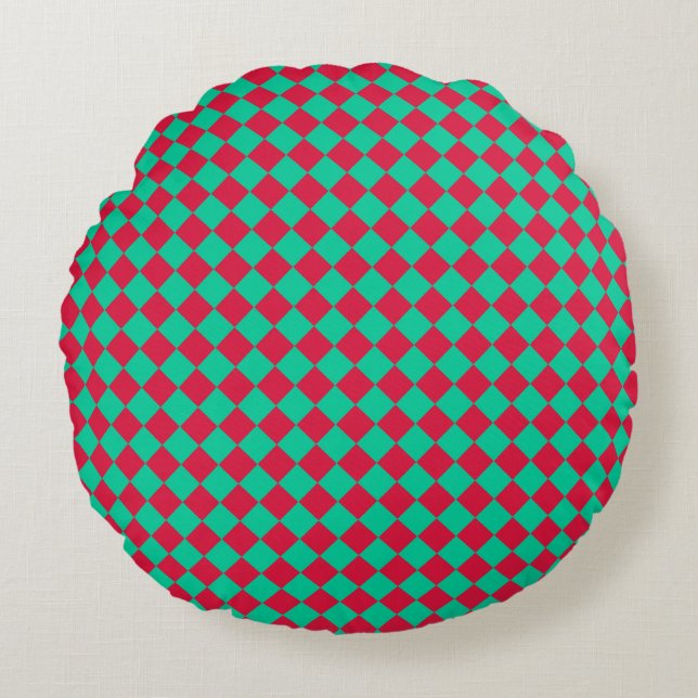 Red Green Checker Diamond Pattern Round Pillow (Front)