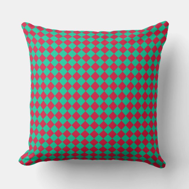 Red Green Checker Diamond Pattern Throw Pillow (Front)