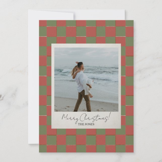 Red & Green Checkerboard Christmas Photo Card (Front)