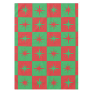 Red green checkered Atomic Christmas starbursts   Tablecloth