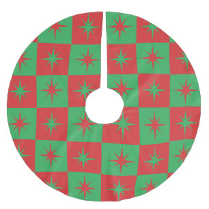 Red green checkered retro Christmas starbursts Brushed Polyester Tree Skirt