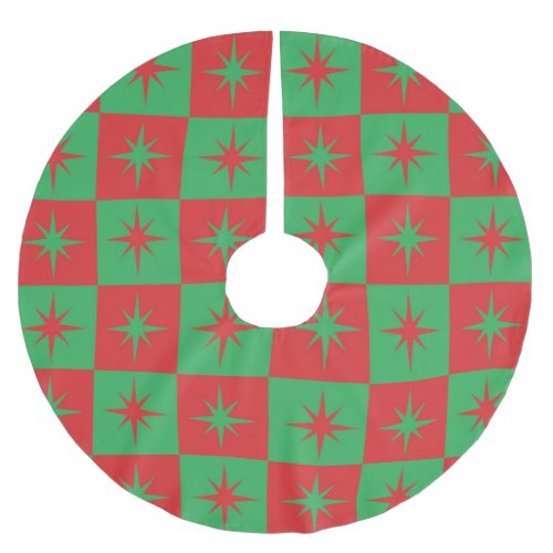 Red green checkered retro Christmas  starbursts  Brushed Polyester Tree Skirt