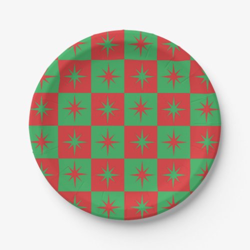 Red green checkered retro Christmas  starbursts   Paper Plates