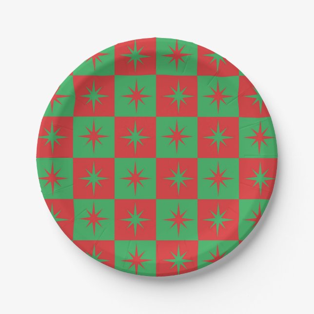Red green checkered retro Christmas  starbursts   Paper Plates (Front)