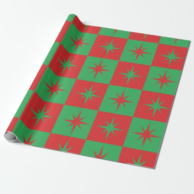 Red green checkered retro Christmas  starbursts  Wrapping Paper (Unrolled)
