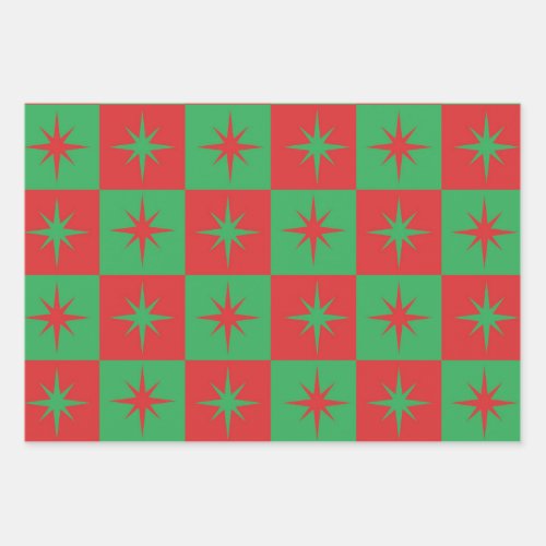 Red green checkered retro Christmas  starbursts   Wrapping Paper Sheets