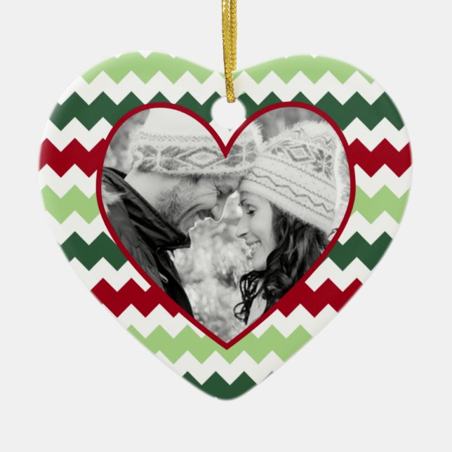Red Green Chevron Heart Photo Christmas Ornament (Front)
