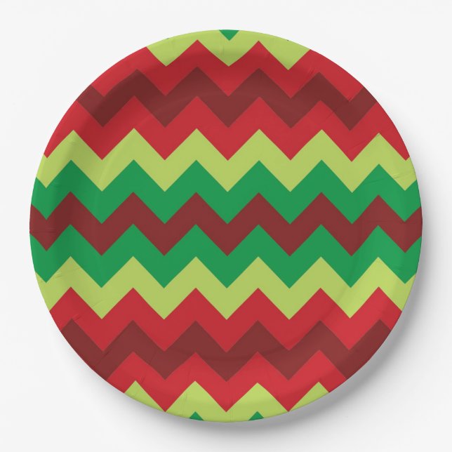 Red green chevron pattern paper plates (Front)