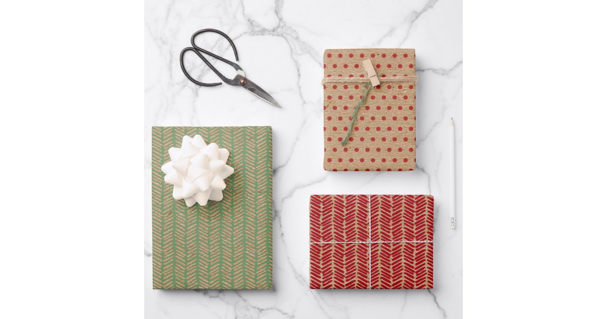 Red Green Chevron Polka Dots On Faux Brown Kraft Wrapping Paper Sheets