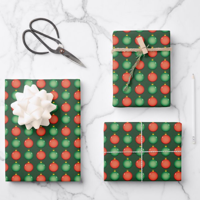 Red Green Christmas Balls Festive Xmas  Wrapping Paper Sheets (Front)