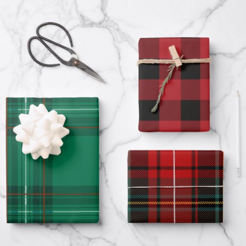 Red Green Christmas Buffalo Plaid Assorted  Wrapping Paper Sheets