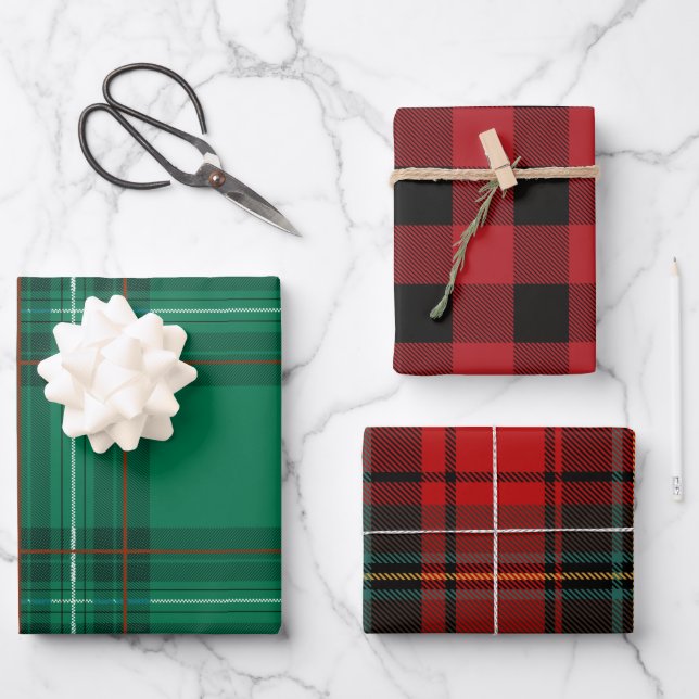 Red Green Christmas Buffalo Plaid Assorted  Wrapping Paper Sheets (Front)