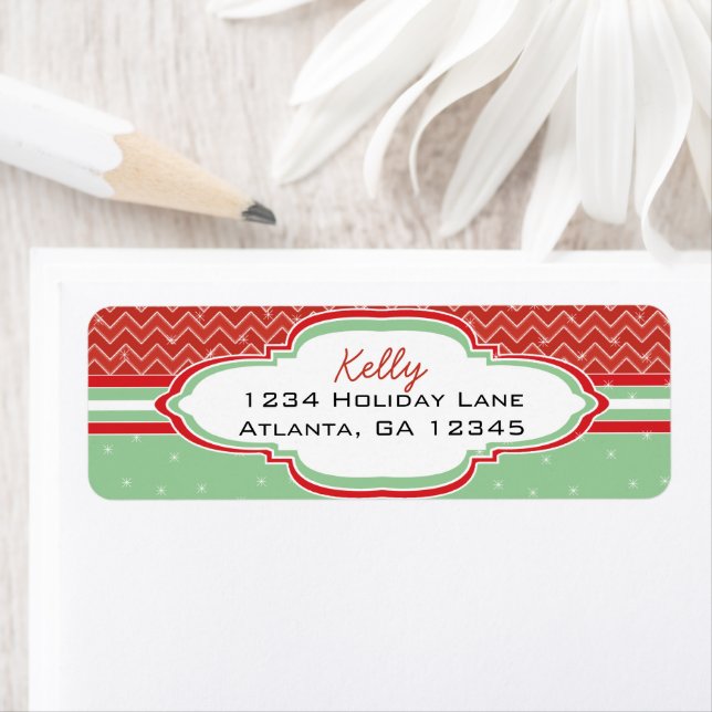 Red Green Christmas Chevron Pattern Return Address Label (Insitu)