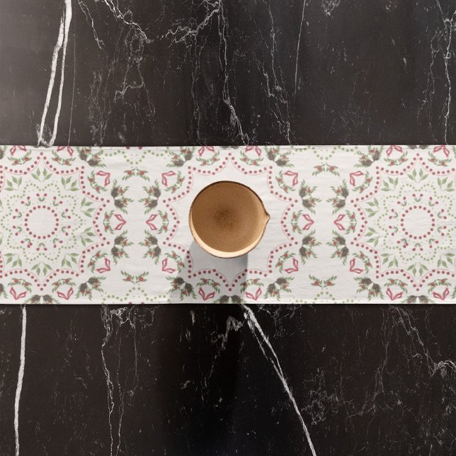 Red Green Christmas Classic Table Custom Short Table Runner (Christmas holiday red and green wreath mandala table runner)