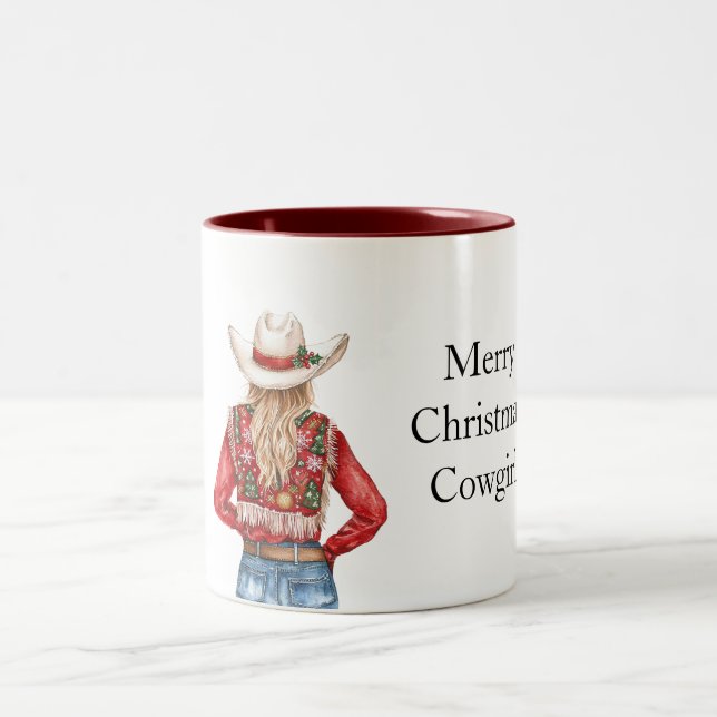 Red Green Christmas Cowgirl Blond Two-Tone Coffee Mug (Center)