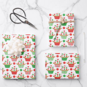 Red Green Christmas Cupcakes Pattern Wrapping Paper Sheets