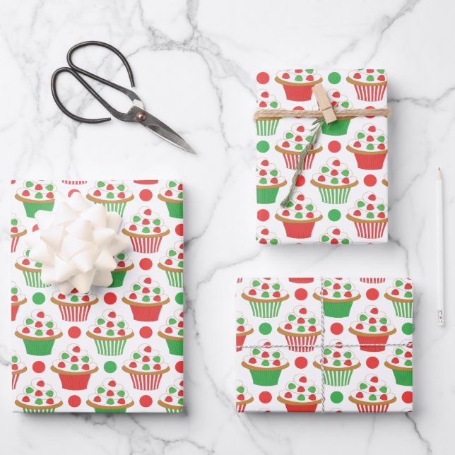 Red Green Christmas Cupcakes Pattern Wrapping Paper Sheets (Front)