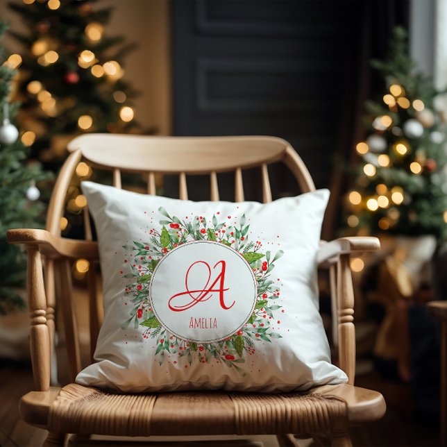  Red green Christmas elegant Monogram  letter  Throw Pillow (Creator Uploaded)